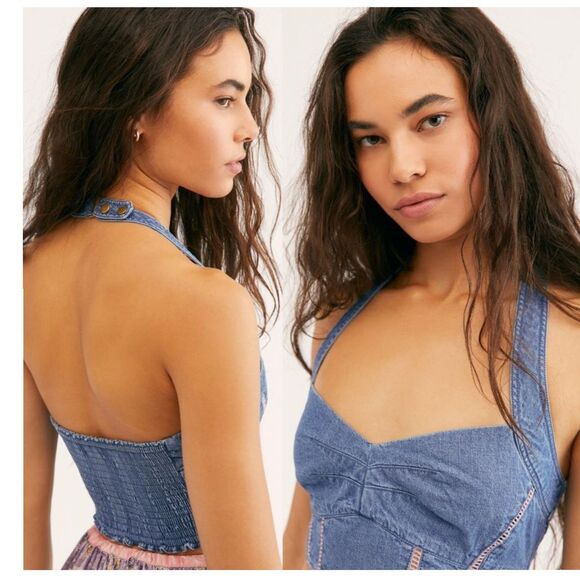 Free People Womens Tightly Bound Denim Halter Top Size‎ Medium Buttons - Picture 2 of 7